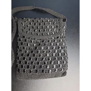 Crossbody Black Knit Crochet Ribbon Purse H8.5"X W 7" Flap & Zipper Closure Vtg